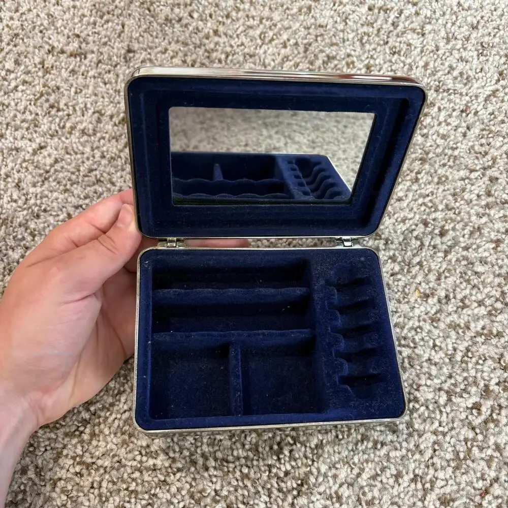 Vintage Silver-Plated Jewelry Box Gold Tone Bow, Blue Felt Interior with Mirror